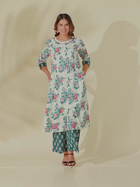 Kantha Cotton Floral Flared Off White Kurta
