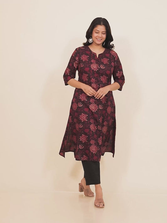 Soft Cotton Floral A-line Black Kurta