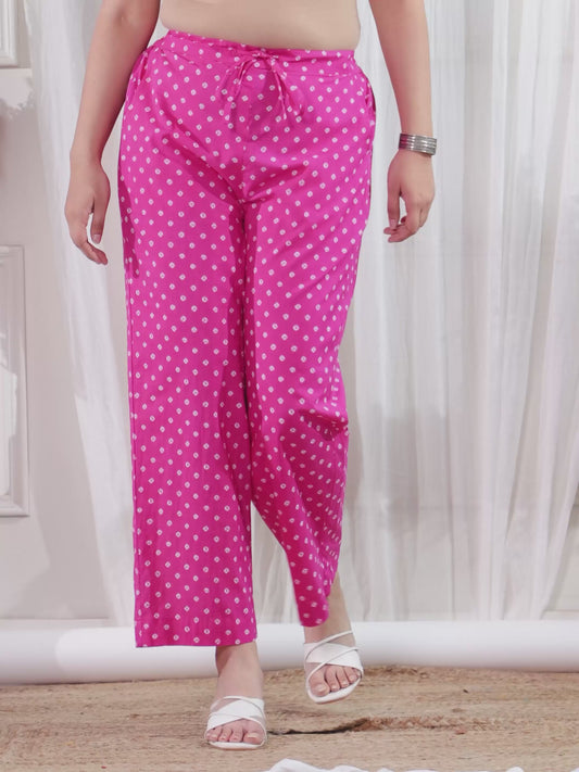 Soft Cotton Bandhani Pink Straight Straight Trousers