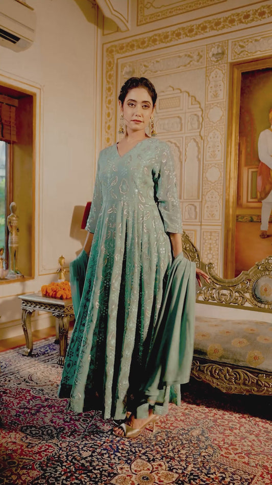 Embroidered Georgette Anarkali Sea Green Kurta