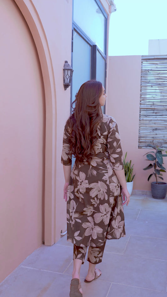 Natural Cotton Floral A-line Brown Kurta
