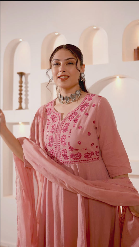 Embroidered Natural Cotton Solid Anarkali Pink