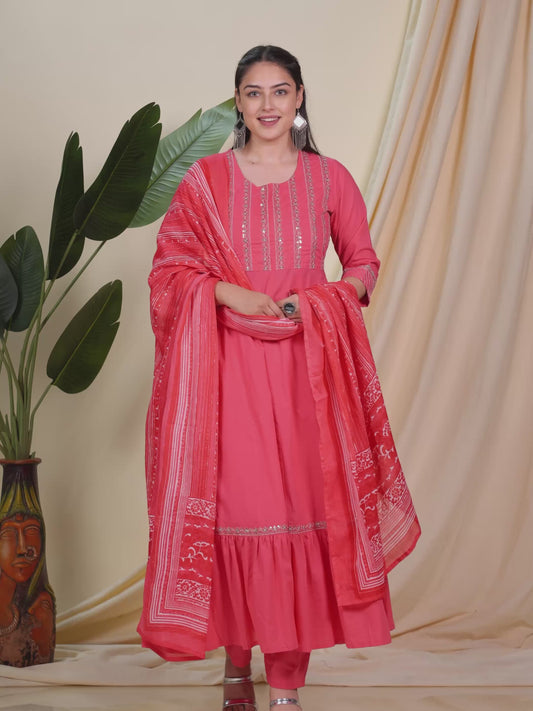 Embroidered Soft Cotton Solid Anarkali Pink Kurta