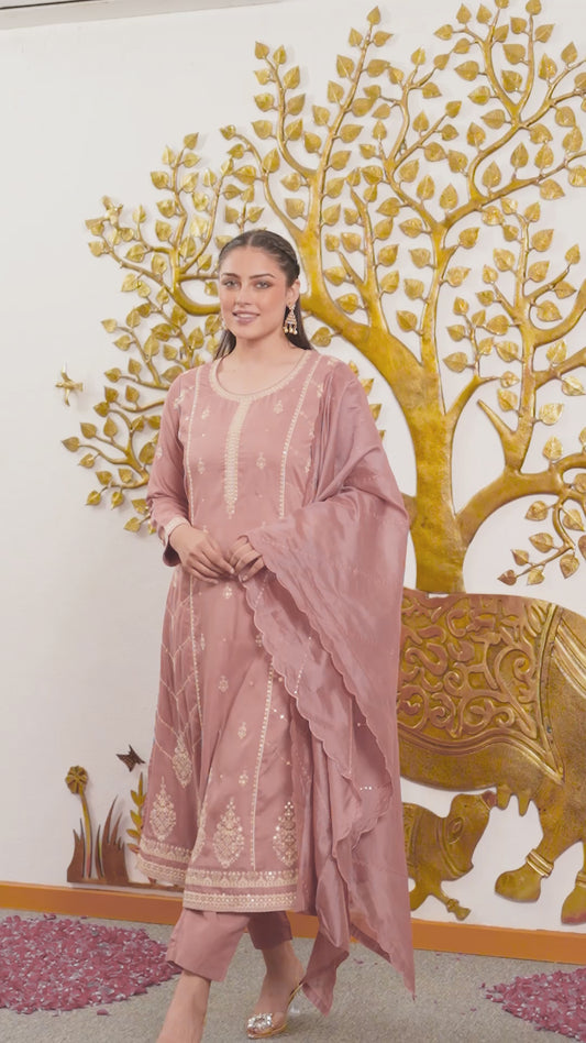 Embroidered Chiffon Solid Dusty Pink Kurta
