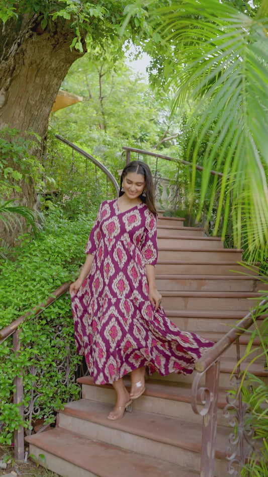 Soft Cotton Ikat Flared Purple Dress