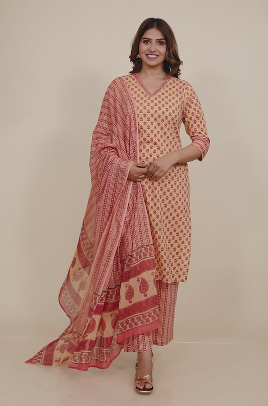 Soft Cotton Block Straight Beige Kurta