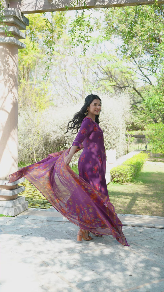 Embroidered Viscose Floral Anarkali Maroon Kurta