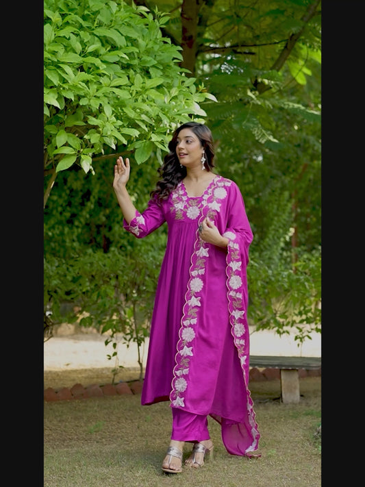 Embroidered Viscose Solid A-Line Violet Kurta