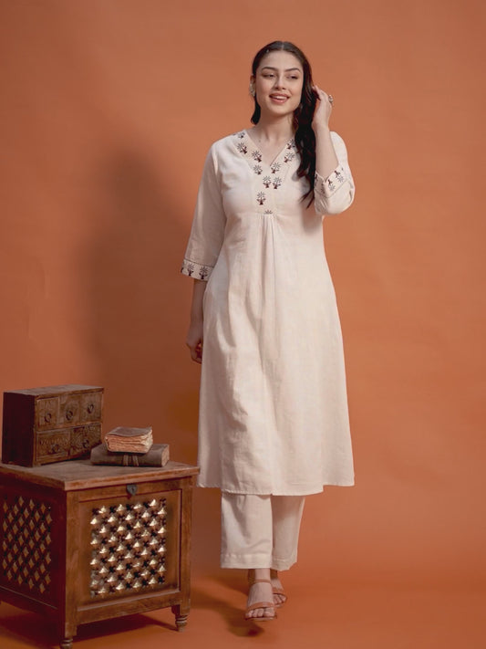 Embroidered Linen Cotton Solid Flared Off White Kurta