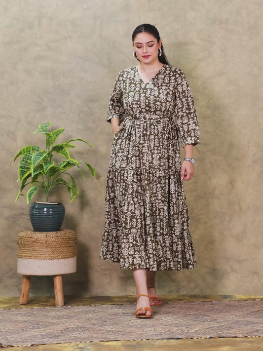 Soft Cotton Foliage Anarkali Olive Dress