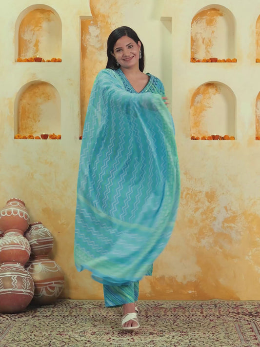 Embroidered Soft Cotton Leheriya Straight Blue Kurta