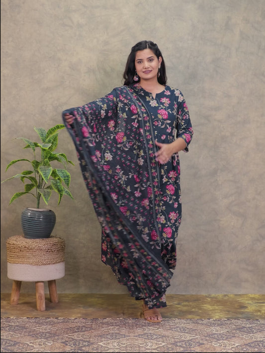 Soft Cotton Floral A-line Blue Kurta