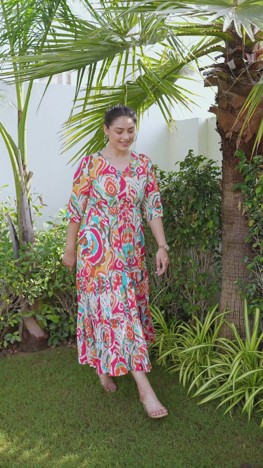 Soft Cotton Abstract Flared Multicolor Dress