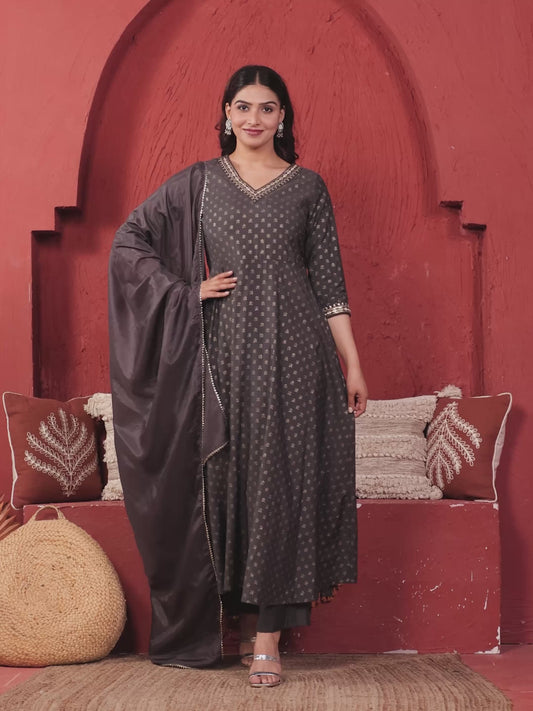Embroidered Roman Silk Gold Foil A-line Grey Kurta