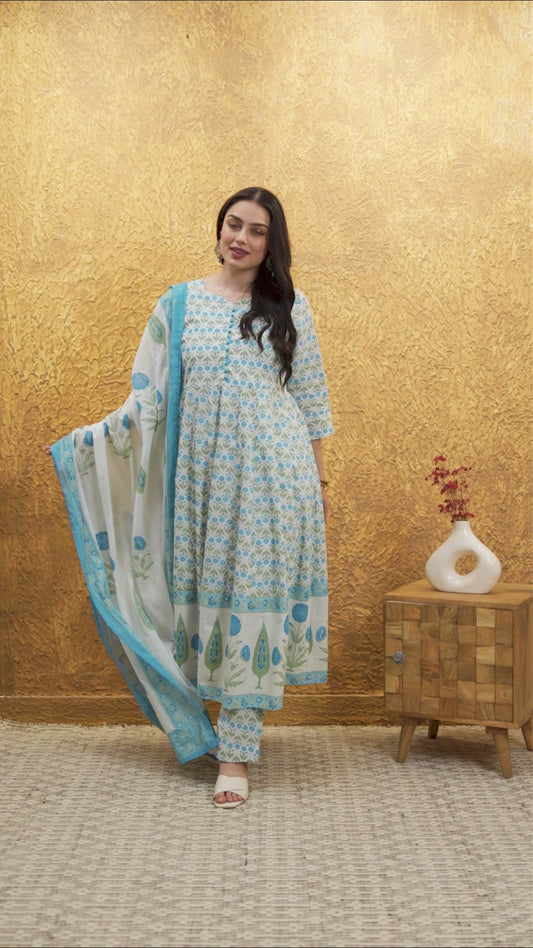 Soft Cotton Floral Flared White Kurta