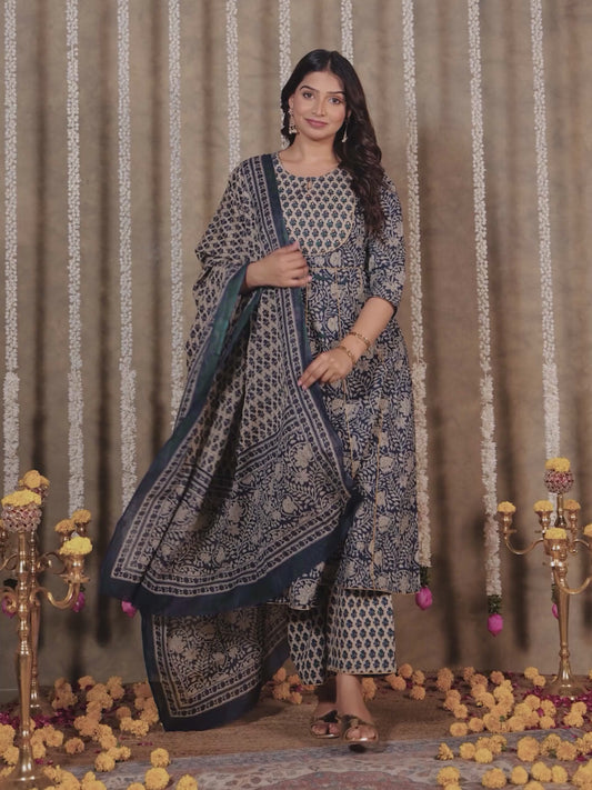 Soft Cotton Floral Anarkali Blue Kurta