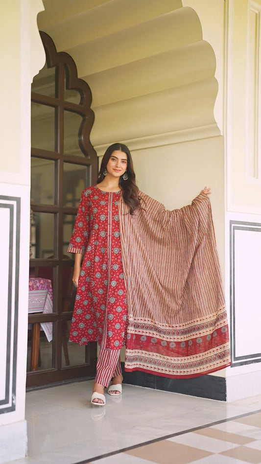 Soft Cotton Floral A-line Maroon Kurta