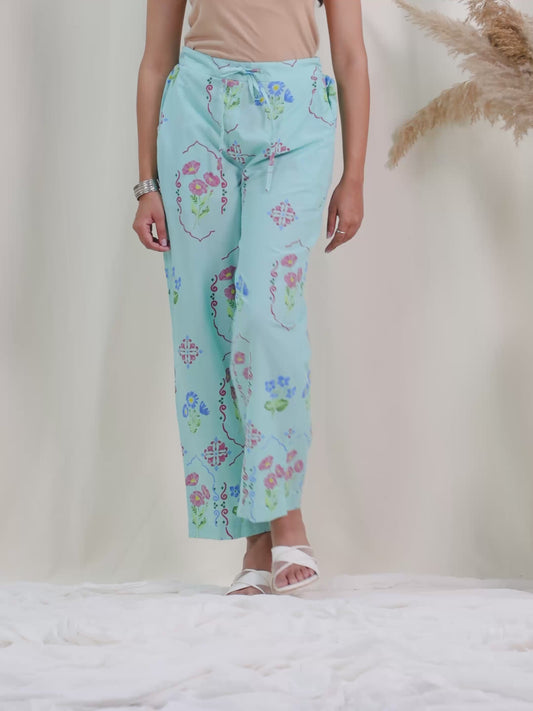 Soft Cotton Floral Mint Green Straight Trousers