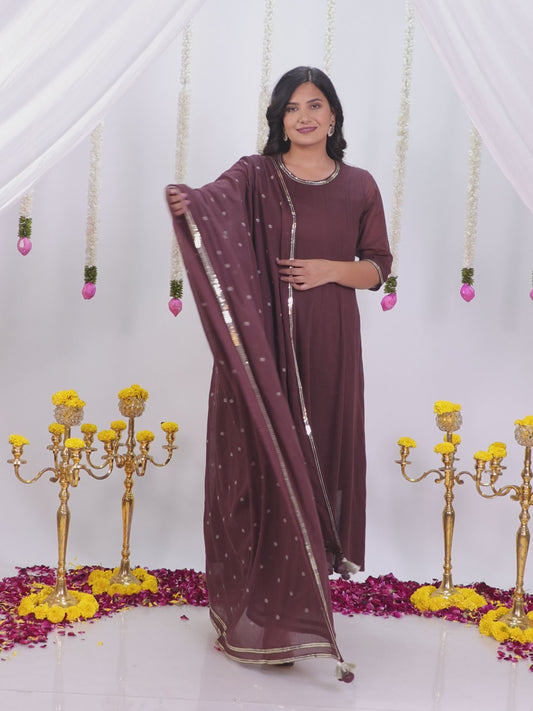 Embroidered Cotton Voile Solid Anarkali Brown Kurta