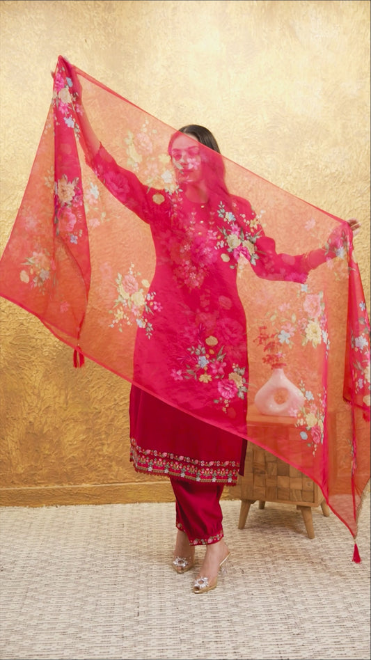 Embroidered Blended Silk Solid Straight Red Kurta