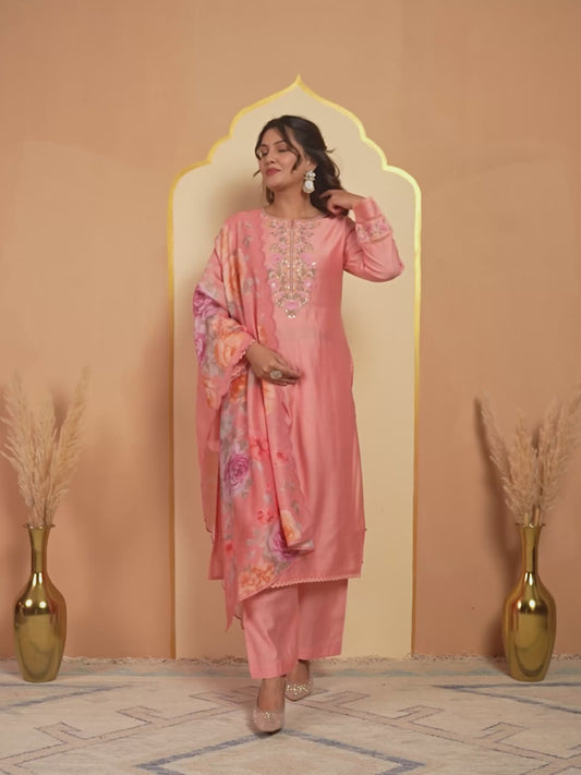 Embroidered Blended Silk Solid Straight Peach Kurta