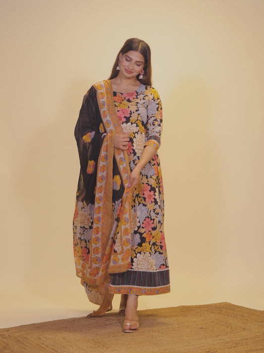 Embroidered Soft Cotton Floral Anarkali Multicolor Kurta