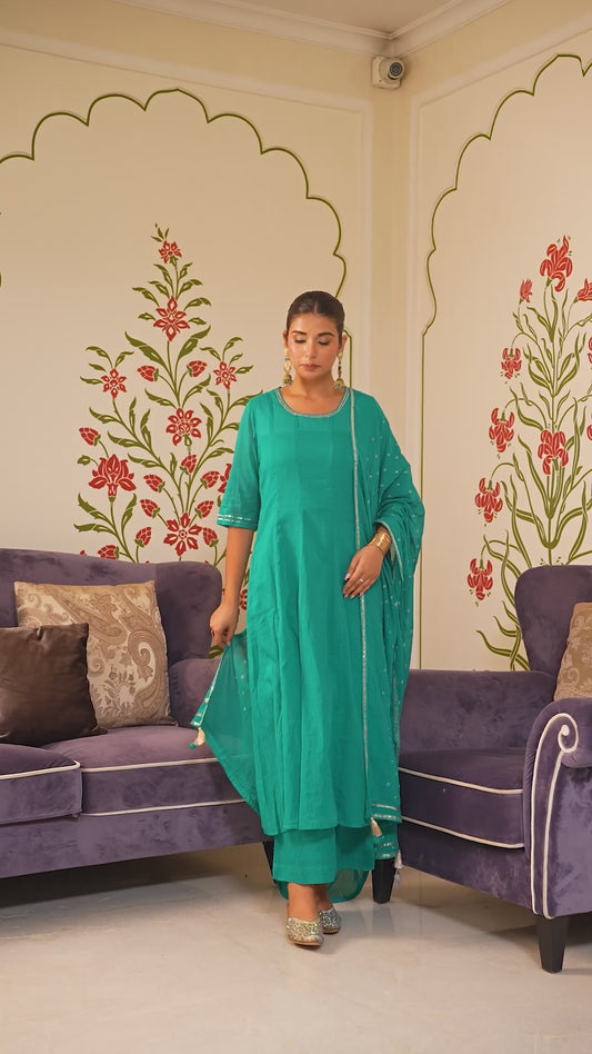 Embroidered Cotton Voile Solid Anarkali Teal Kurta