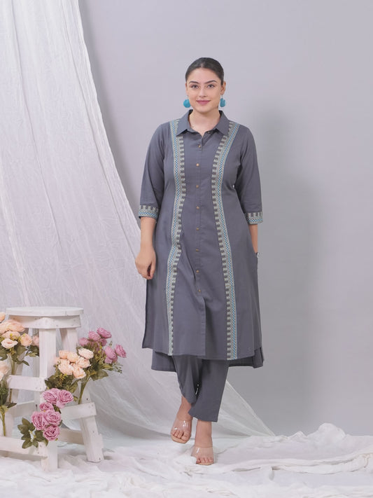 Embroidered Linen Cotton Solid High Low Grey Kurta