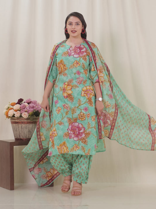 Soft Cotton Floral Straight Green Kurta