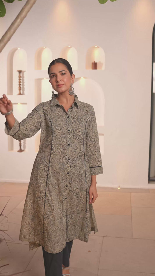 Soft Cotton Geometric High Low Grey Kurta