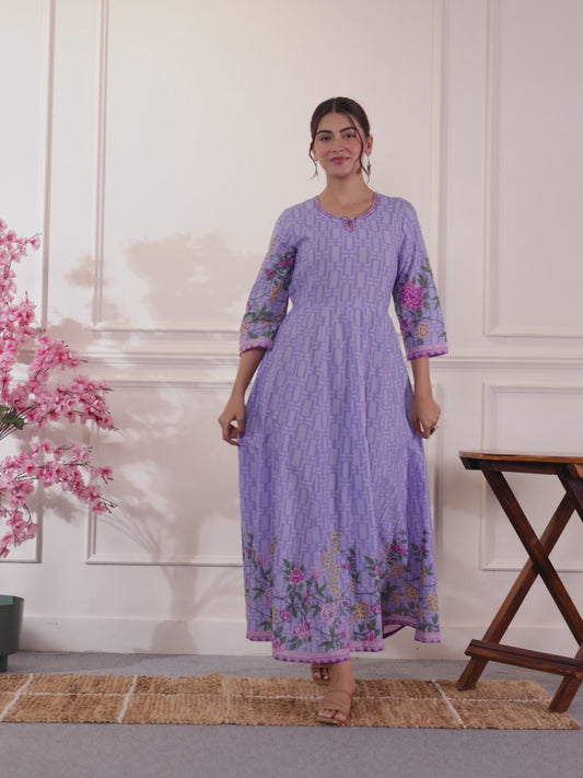 Embroidered Soft Cotton Placement Print Anarkali Lavender Dress