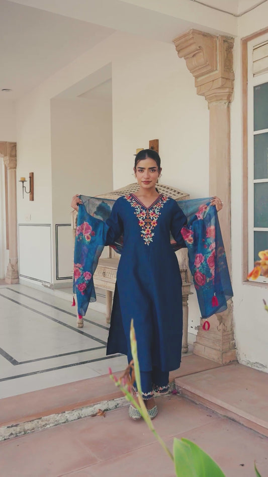 Embroidered Blended Silk Solid Straight Blue Kurta