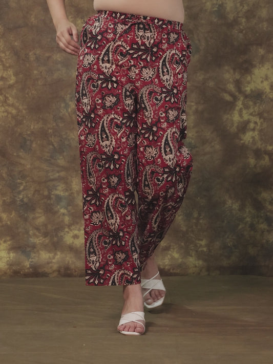 Soft Cotton Paisley Red Straight Trousers