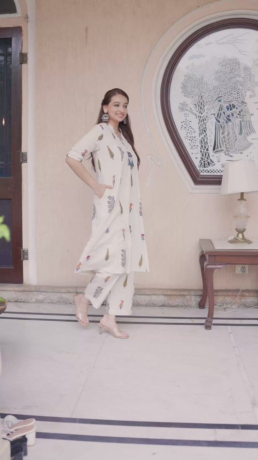 Linen Cotton Floral Flared Off White Kurta