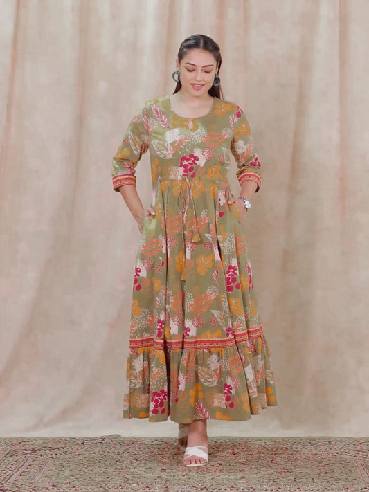 Soft Cotton Floral Anarkali Green Dress