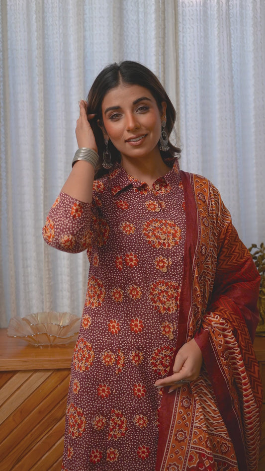 Soft Cotton Floral High Low Brown Kurta