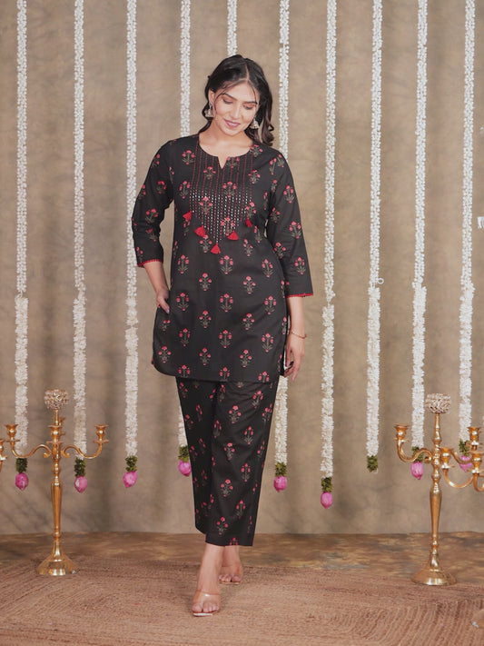 Embroidered Soft Cotton Block Print Straight Black Kurti