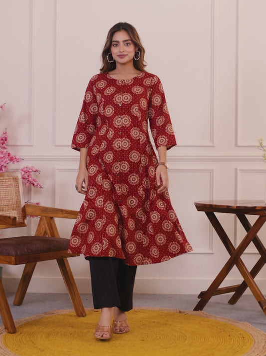 Soft Cotton Geometric Flared Maroon Kurta