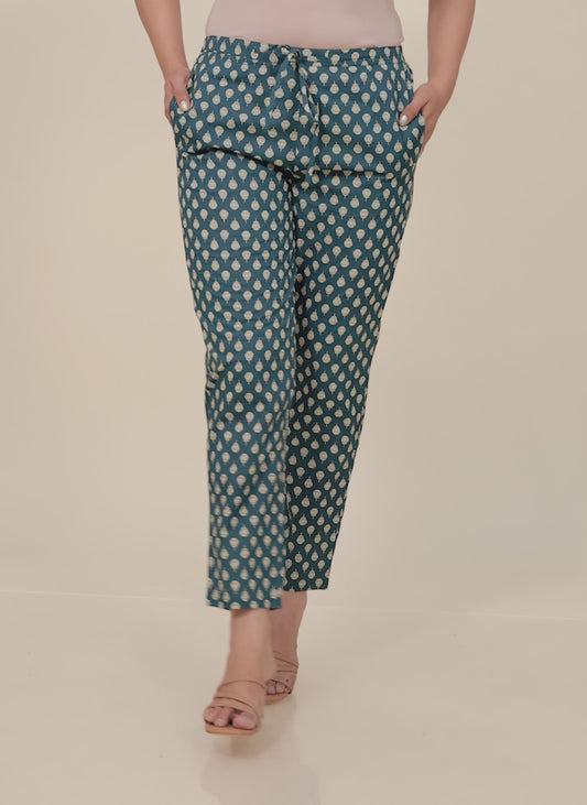 Soft Cotton Block Print Teal Tapered Trousers