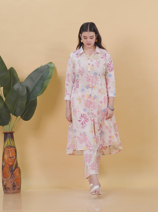 Soft Cotton Floral High Low Off White Kurta