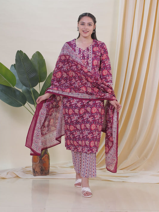 Soft Cotton Floral Straight Wine Kurta