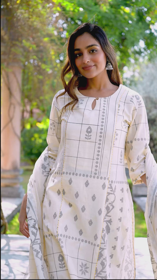 Soft Cotton Geometric A-line Cream Kurta