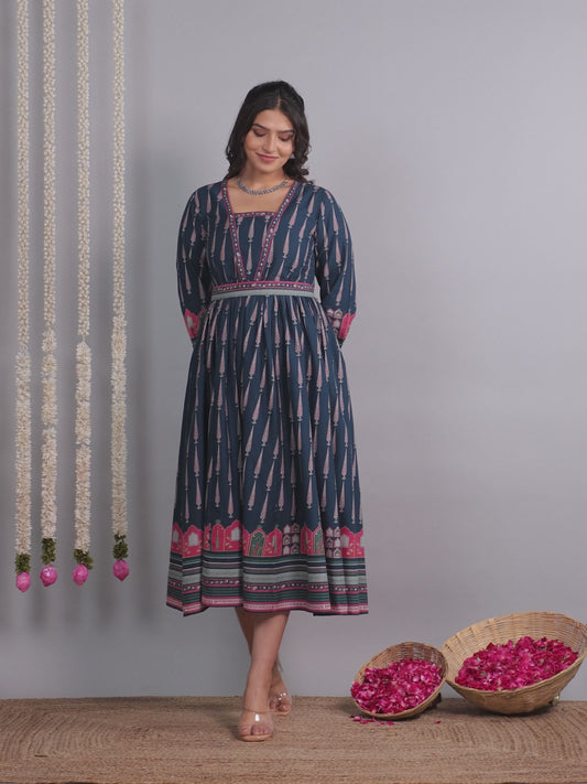 Soft Cotton Mughal Print Anarkali Blue Dress