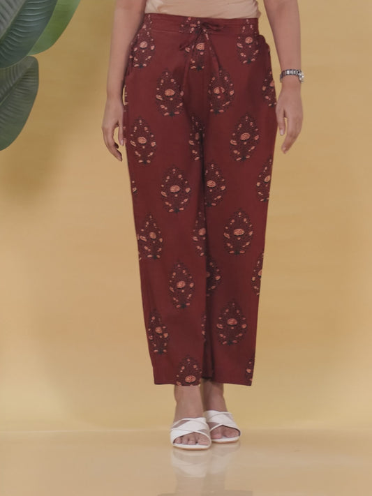 Soft Cotton Floral Rust Straight Trousers