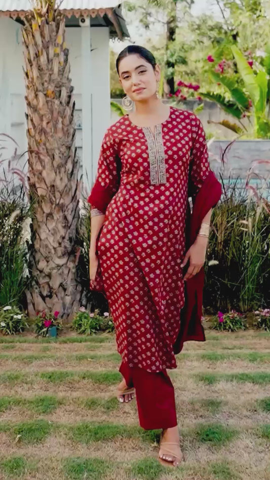 Soft cotton Butti Straight Maroon Kurta