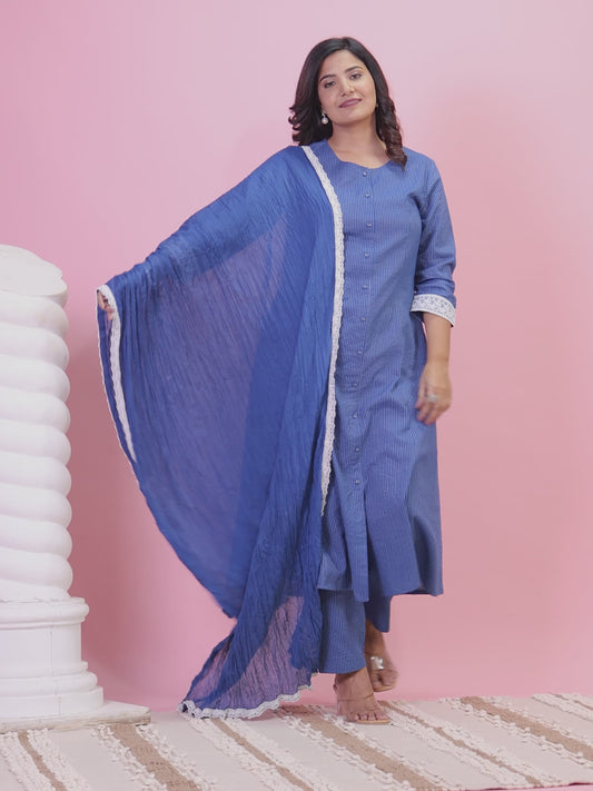 Kantha Cotton Solid Straight Blue Kurta