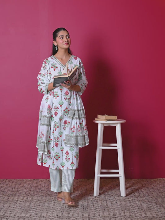 Soft cotton Floral Straight White Kurta