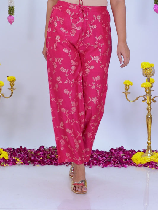 Blended Silk Floral Royal Pink Straight Trousers