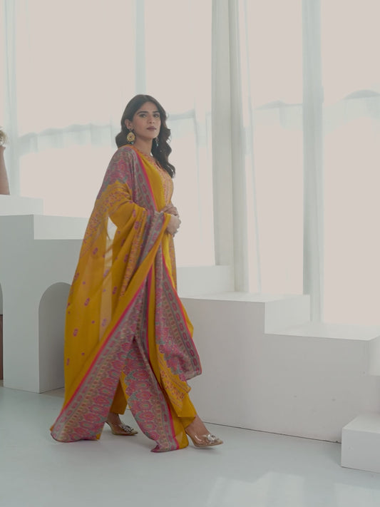 Embroidered Soft Cotton Floral Straight Mustard Kurta