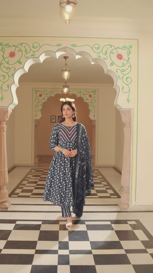 Embroidered Soft Cotton Floral Anarkali Blue Kurta